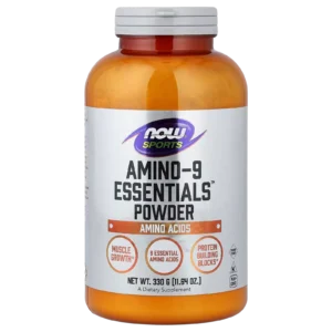 Frasco de Amino-9 Essentials Powder de NOW Foods Sports 330 g sobre fondo neutro.