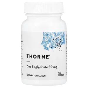 Frasco frontal de Bisglicinato de Zinc Thorne 30 mg de 60 cápsulas para soporte inmunológico