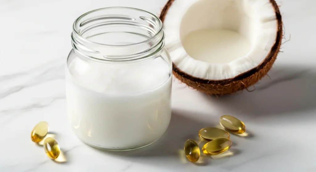 Aceite de coco virgen en frasco de vidrio con coco fresco y cápsulas