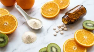 Tabletas de ácido ascórbico con naranjas y kiwis como fuentes de vitamina C