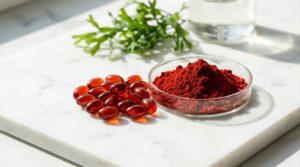 Cápsulas de astaxantina rojo-naranja intenso junto a polvo de astaxantina