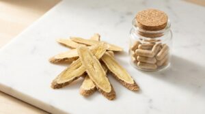 Raíz seca de astrágalo (Astragalus membranaceus) y cápsulas de extracto sobre superficie de mármol