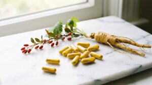 Cápsulas de berberina mostrando polvo amarillo junto a raíces naturales