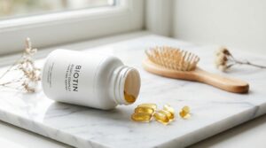 Cápsulas de biotina junto a frasco blanco sobre superficie de mármol