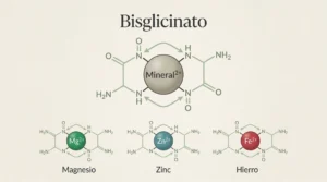 Estructura molecular del bisglicinato: un mineral unido a dos moléculas de glicina formando un quelato protegido, con ejemplos de bisglicinato de magnesio, zinc y hierro