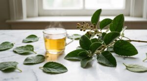 Hojas frescas de boldo junto a una taza de té de boldo sobre superficie de mármol blanco