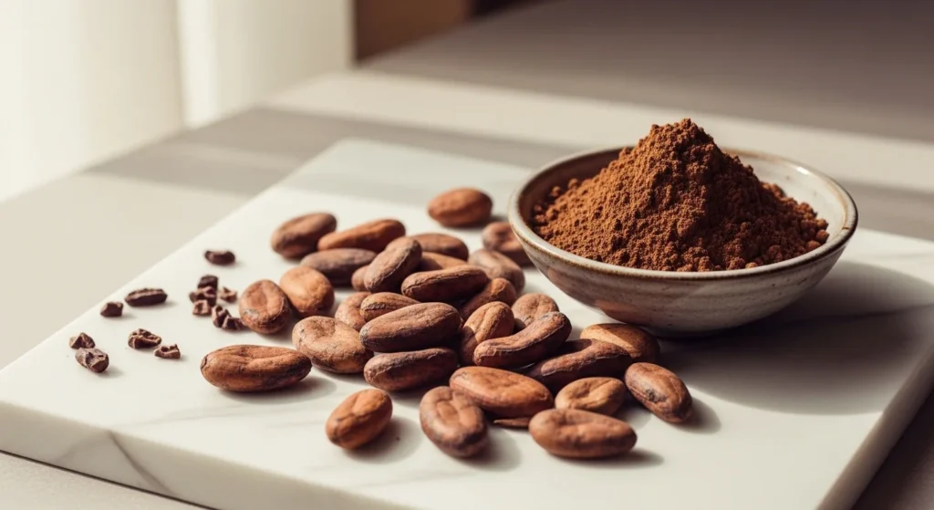 Granos de cacao crudo, polvo de cacao y nibs sobre superficie de mármol blanco