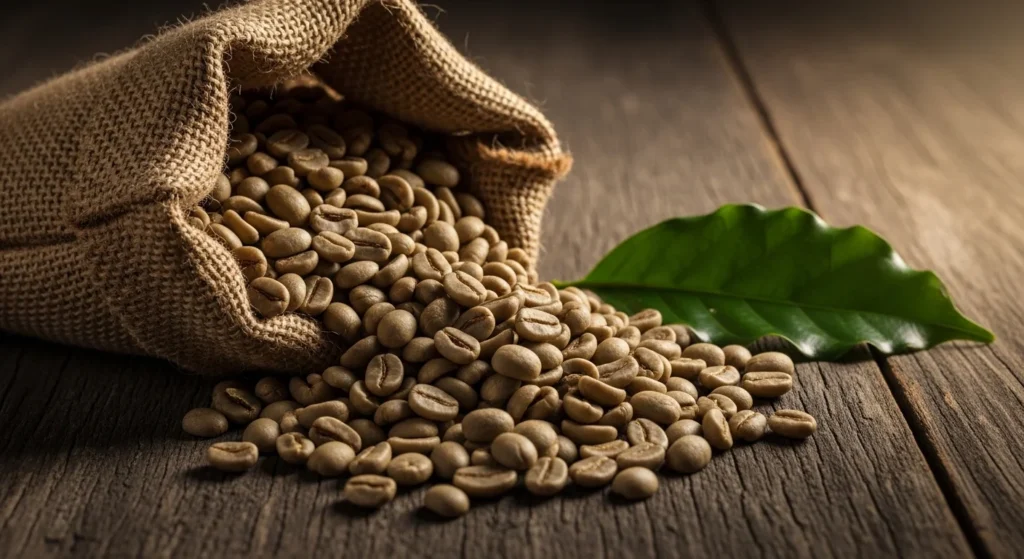 Granos de cafe verde sin tostar en saco de arpillera sobre madera oscura