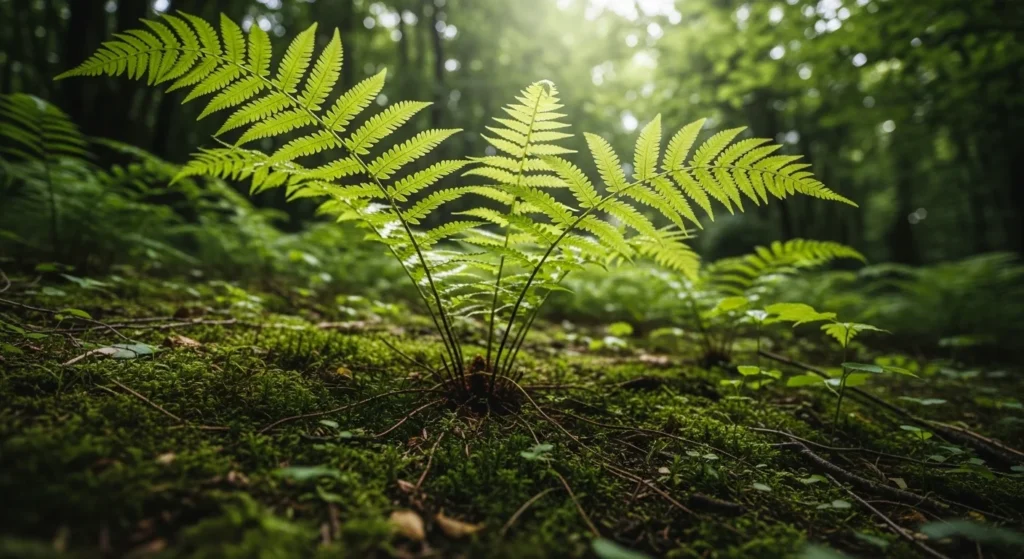 Helecho calaguala (Polypodium leucotomos) con frondas verdes sobre suelo de bosque tropical