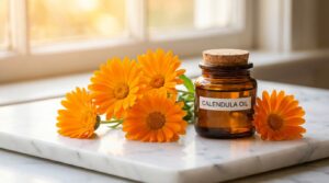 Flores de caléndula naranja junto a un frasco de aceite de caléndula