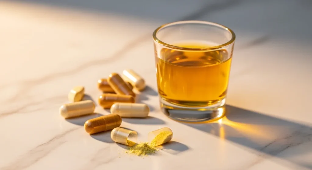 Cápsulas de calostro bovino junto a vaso de calostro dorado sobre mármol