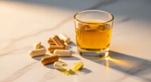 Cápsulas de calostro bovino junto a vaso de calostro dorado sobre mármol