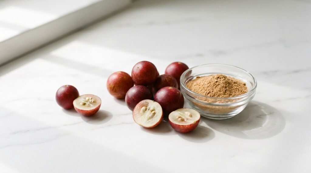 Frutos de camu camu frescos junto a polvo liofilizado sobre superficie de mármol blanco