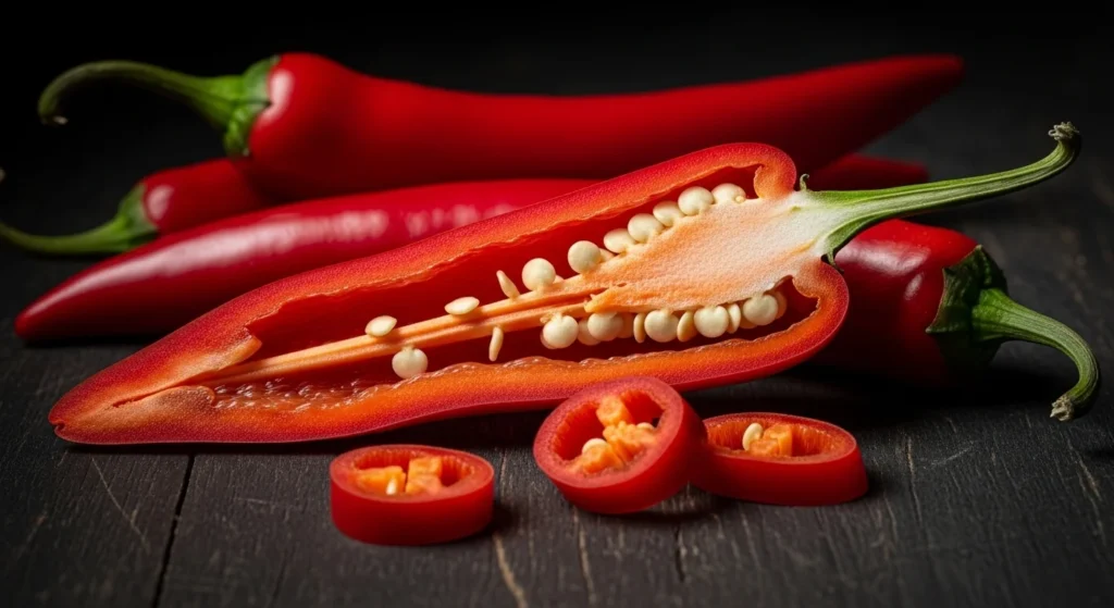 Chiles rojos picantes cortados mostrando la membrana blanca donde se concentra la capsaicina