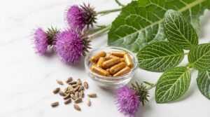 Cardo mariano: flor púrpura de Silybum marianum junto a cápsulas de silimarina y semillas sobre mármol blanco