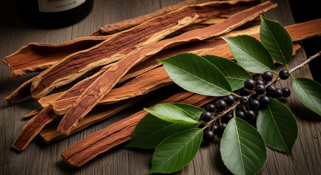 Corteza seca de cáscara sagrada (Rhamnus purshiana) con trozos de corteza marrón rojiza junto a rama fresca con hojas verdes y bayas oscuras