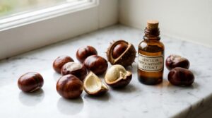 Semillas de castaño de indias con cáscaras brillantes junto a extracto