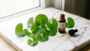 Hojas frescas de centella asiatica (gotu kola) junto a extracto sobre marmol