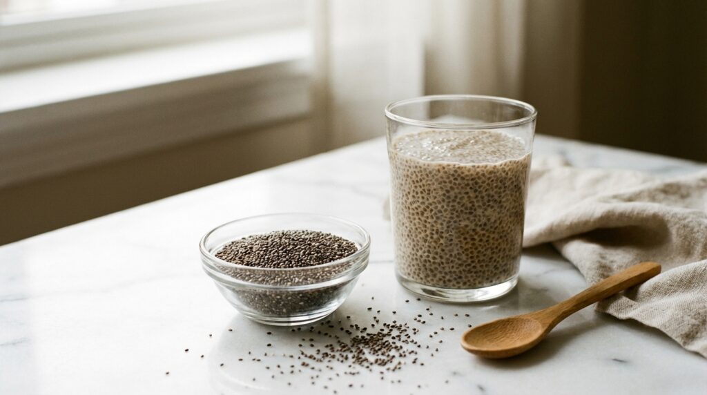 Semillas de chía en bowl de vidrio junto a pudding de chía