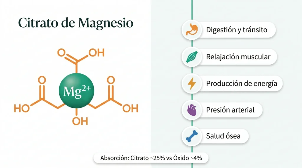 Infografía del citrato de magnesio: molécula de magnesio unida a ácido cítrico con cinco beneficios principales — digestión, relajación muscular, energía, presión arterial y salud ósea, comparada con el óxido de magnesio en absorción