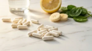 Cápsulas de citrato de potasio sobre superficie de mármol blanco con limón y agua al fondo