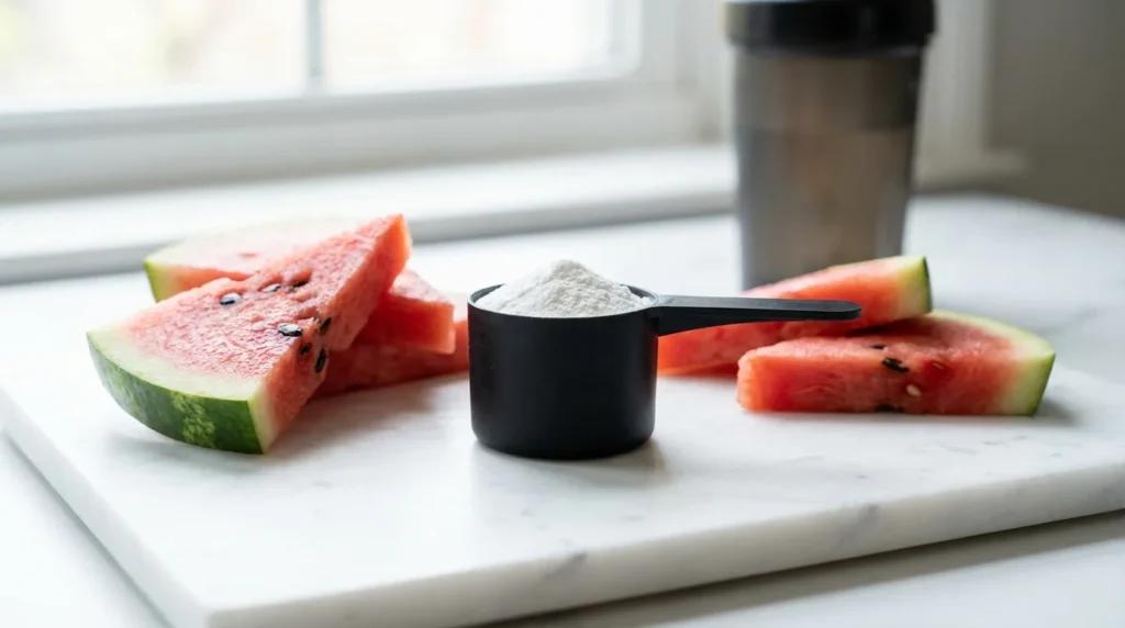 Polvo de L-citrulina con medidor junto a sandía cortada sobre mármol