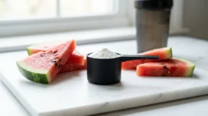 Polvo de L-citrulina con medidor junto a sandía cortada sobre mármol