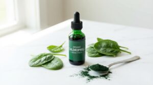 Suplemento de clorofila líquida en frasco de vidrio con gotero junto a hojas verdes