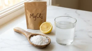 Cloruro de magnesio en polvo cristalino en cuchara de madera junto a un vaso de agua con cloruro disuelto y medio limón, presentado como remedio mineral tradicional