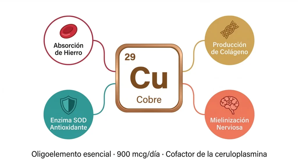 Ficha del cobre (Cu) como oligoelemento esencial: número atómico 29, con funciones en absorción de hierro, producción de colágeno, defensa antioxidante (SOD) y mielinización nerviosa
