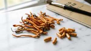 Hongos cordyceps militaris secos junto a cápsulas de suplemento