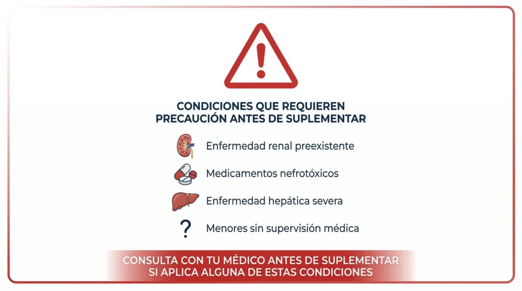 Contraindicaciones reales de la creatina: enfermedad renal, medicamentos nefrotóxicos, enfermedad hepática y menores sin supervisión