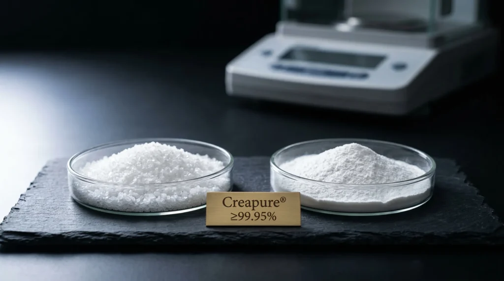 Comparación de creatina monohidratada estándar (cristales gruesos) y micronizada (polvo ultrafino) con etiqueta Creapure de pureza 99.95%