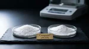 Comparación de creatina monohidratada estándar (cristales gruesos) y micronizada (polvo ultrafino) con etiqueta Creapure de pureza 99.95%