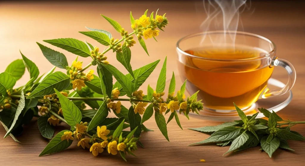 Planta de damiana (Turnera diffusa) con flores amarillas y hojas verdes dentadas junto a una taza de té de damiana dorado