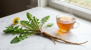Planta de diente de león con flor amarilla, hojas y raíz junto a taza de té