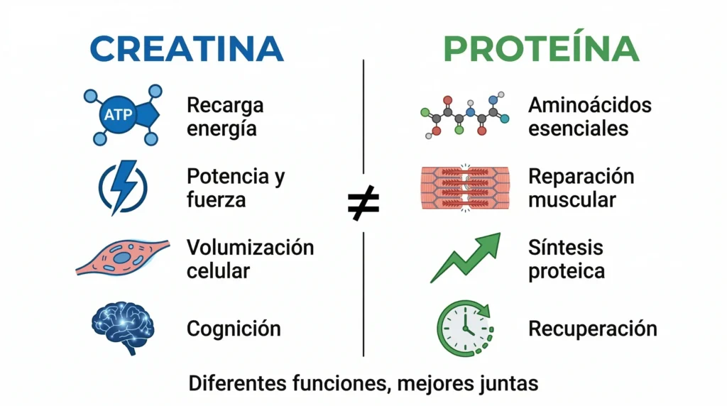 Infografía de las diferencias entre creatina y proteína: funciones diferentes que se complementan