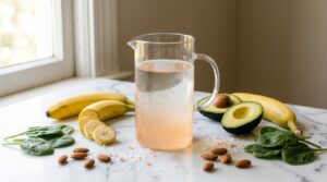 Electrolitos: jarra de agua con polvo de electrolitos, rodeada de plátanos, aguacates, espinacas y almendras sobre mármol blanco