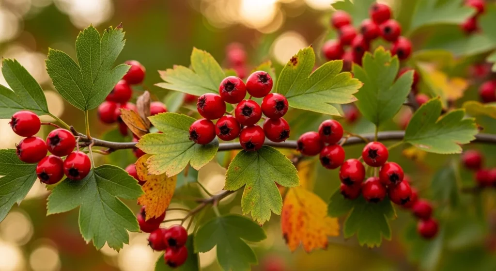 Rama de espino blanco con racimos de bayas rojas brillantes y hojas verdes