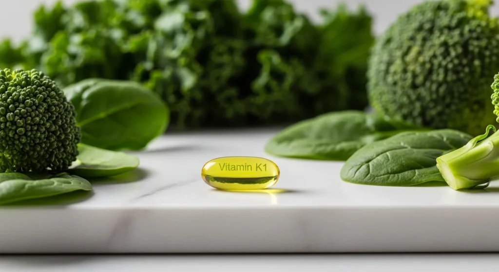 Cápsula de fitomenadiona (vitamina K1) sobre superficie de mármol rodeada de vegetales verdes como kale, espinaca y brócoli