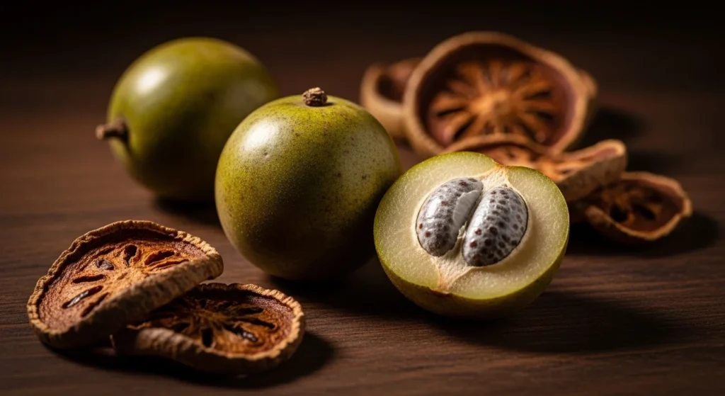 Fruto del monje (luo han guo) entero y cortado sobre superficie de madera oscura