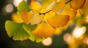 Hojas de Ginkgo biloba en forma de abanico con colores verde y dorado otoñal