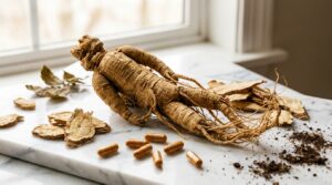 Raíz de ginseng entera y en rodajas junto a cápsulas sobre mármol blanco