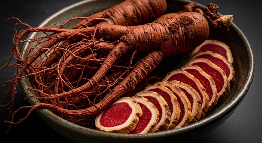 Raíces de ginseng rojo coreano vaporizado con rodajas en cuenco cerámico tradicional
