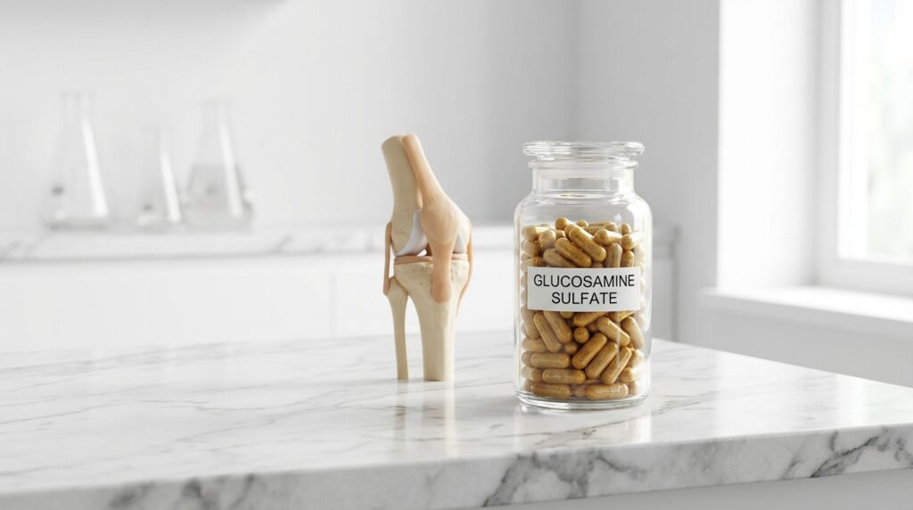 Cápsulas de glucosamina en recipiente de vidrio junto a modelo articular