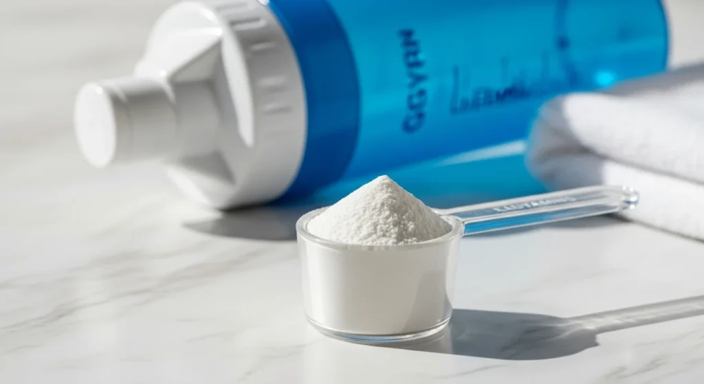 Polvo de L-glutamina en medidor de vidrio junto a shaker deportivo