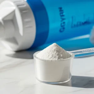 Polvo de L-glutamina en medidor de vidrio junto a shaker deportivo