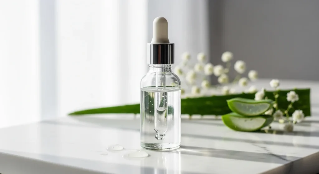 Hialuronato de sodio en forma de serum transparente con gotas sobre superficie de marmol blanco