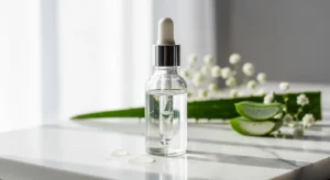 Hialuronato de sodio en forma de serum transparente con gotas sobre superficie de marmol blanco