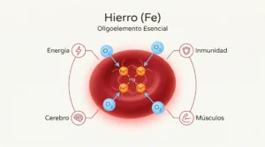 Infografía del hierro en la hemoglobina: glóbulo rojo con cuatro átomos de hierro (Fe²⁺) transportando oxígeno, y las cuatro funciones principales del hierro — energía, inmunidad, cerebro y músculos